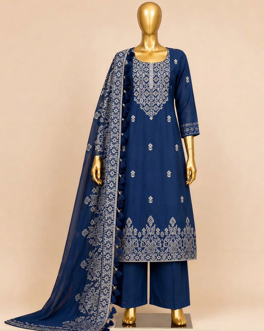 Navy blue ladies dress piece with silver embroidery and tasseled dupatta — Mayur Dresses collection