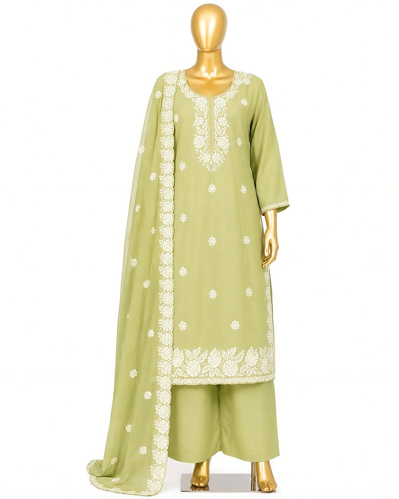 Sage green ladies dress piece with white floral embroidered dupatta
