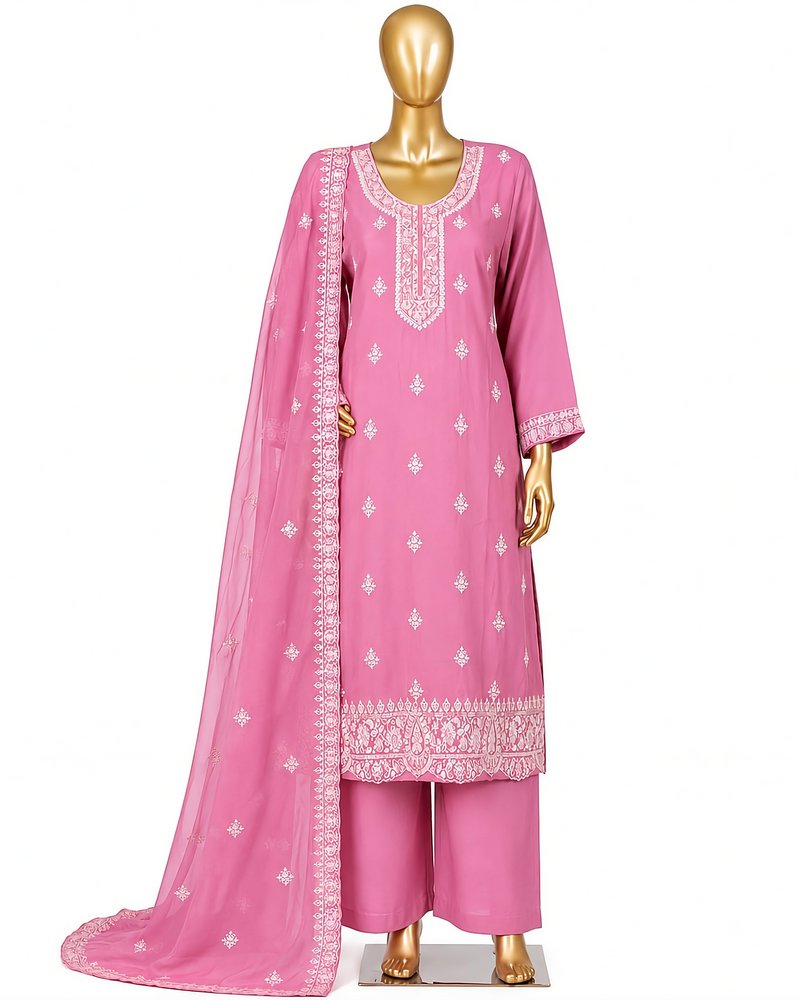 Pink ladies dress piece with white embroidered dupatta